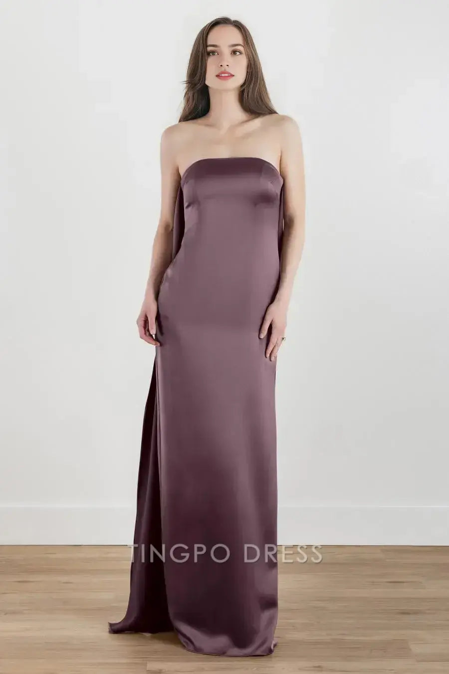 TingPo Wholesale Elegant Plum Purple Satin Strapless Dress - Side Slit Flowy Silhouette